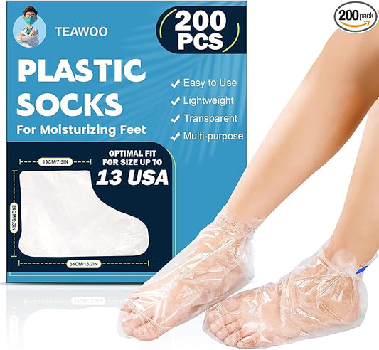 TEAWOO 200PCS Plastic Foot Covers for Feet, Leak-Proof Plastic Foot Masks for Moisturizing Feet, Pedicure & Foot Care, 200 Stickers for Snug Closure Included (Fits up to USA 13)
