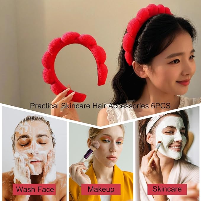 BluOcnMkt 6PCS Skincare Headbands for Women Red Spa Makeup Headband Set, Large Flower Hair Claw Clip, Velvet Elastic Hair Scrunchies