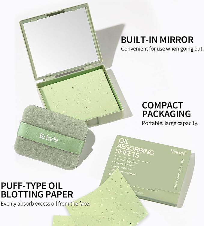Erinde Oil Blotting Sheets for Face with Mirror and Puff, 300 Sheets Oil Blotting Paper for Oily Skin, Face Oil Absorbing Sheet, Natural Oil Control Film, Absorb Excess Oil, Makeup Friendly