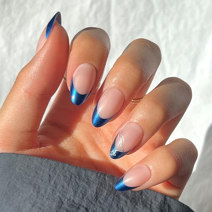 Harry Potter™ x Glamnetic Press On Nails - Ravenclaw™ | Blue French Tip Eagle Graphic Short Almond Nails in a Chrome & Glossy Finish | 15 Sizes - 30 Nail Kit with Glue