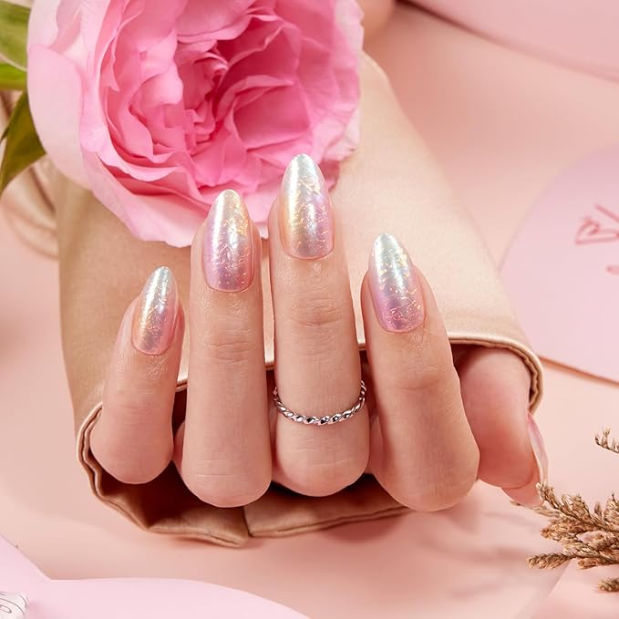 VSALON Press on Nails Medium Almond - Colorful Sfumato Golden Foil Nails Kit for Women, Reusable Opaque Soft Gel Fake Nails with Glue & Cuticle Oil - 32 PCS Glue On Nails in 16 Sizes (Mermaid)