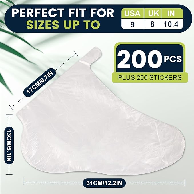 TEAWOO 200PCS Plastic Foot Covers for Feet, Leak-Proof Plastic Foot Masks for Moisturizing Feet, Pedicure & Foot Care, 200 Stickers for Snug Closure Included (Fits up to USA 9)