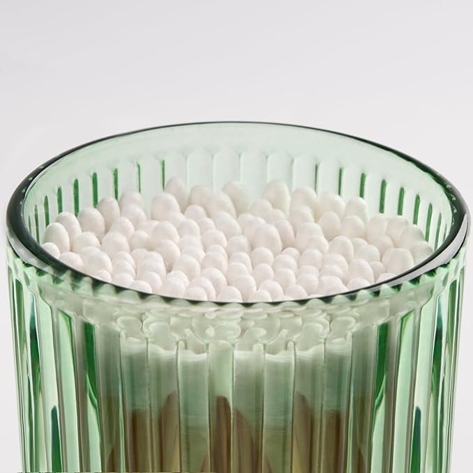 MKOSAB 2 Pack Qtip Holders for Bathroom, Clear Glass Apothecary Jars with Lids,Vintage Bathroom Canisters for Cotton Balls,Swabs,Floss Picks,Hair Ties,Vanity Organizer and Storage Decor (Green)