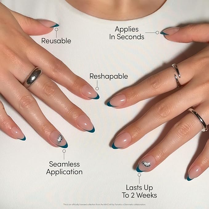 Glamnetic x Fanatics Press On Nails - Philadelphia Eagles | Short Almond Fake Nails, NFL Eagles Green French Tips, Football Nails, Salon-Quality | 15 Sizes - 30 Nail Kit with Glue