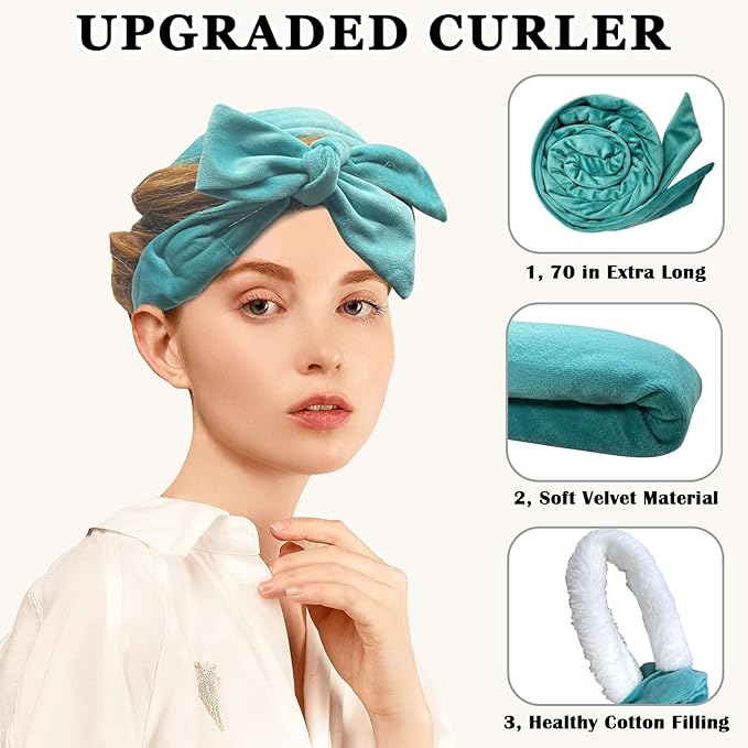 Gwabee No Heat Overnight Curl Headband, 70" Soft Ribbon Wrap for Long Hair, 9 PCS Hair Curling Rods Set - Blue Green