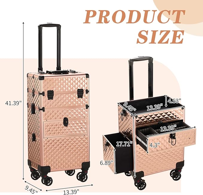 Karl home Rolling Makeup Case with Wheels & 2 Drawers, 3 in 1 Large Capacity Trolley Makeup Travel Case, Professional Cosmetology Lockable Travel Cosmetic Storage Train Cases, Champagne Gold