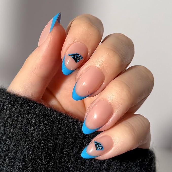 Glamnetic x Fanatics Press On Nails - Carolina Panthers | Short Almond Fake Nails, NFL Panthers Blue French Tips, Football Nails, Salon-Quality | 15 Sizes - 30 Nail Kit with Glue