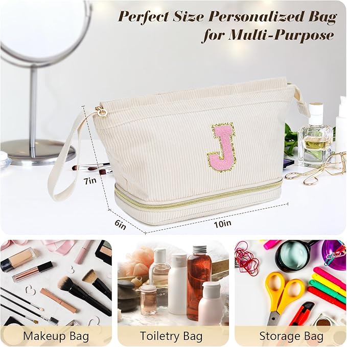 Makeup Bag for Girls Gift, Personalized Christmas Gifts Initial Women Makeup Bag for Travel, Double Layer Cosmetic Bag with Brush Organizer Preppy Make up Bag for Teen Girl Trendy - X