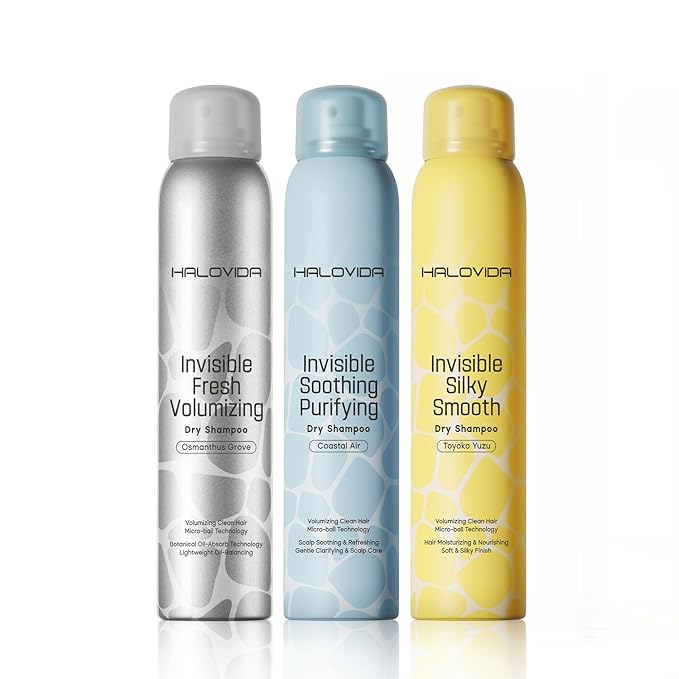 HALOVIDA Dry Shampoo Pack of 3, Invisible Dry Shampoo Spray for Dark Hair Leaves No White Residue, Absorb Oils, Volumizing & Refresh Hair for 72 Hours, 5.07 Fl Oz (Osmanthus Grove+Yuzu+Coastal Air)