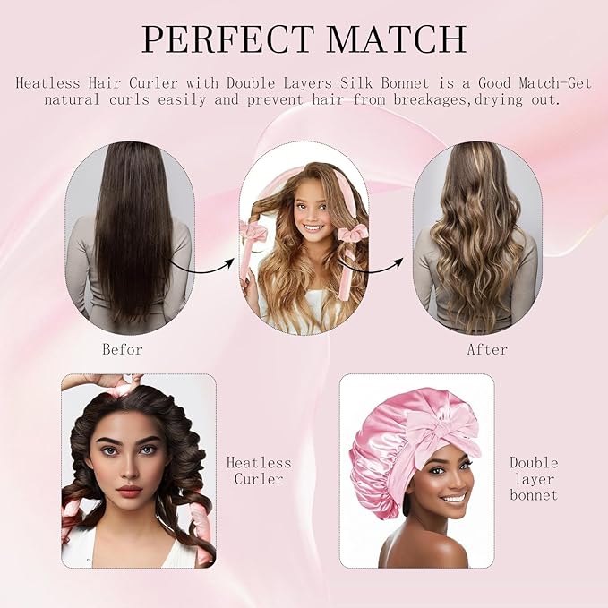 Hroevc No Heat Overnight Curls with Double Layer Satin Bonnet - Soft Hair Curlers to Sleep In, heatless Curling Rods Set + Silk Bonnet for Women & Girls Long Hair, Heatless Waves & Volume (Pink)