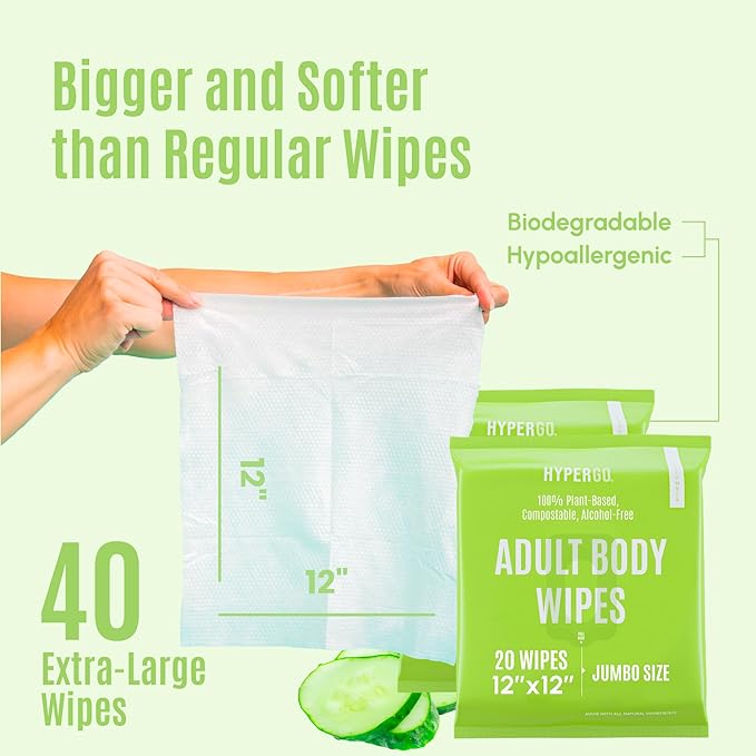 HyperGo XL Body Wipes for Women & Men – 12" x12" Rinse-Free Full Body Cleansing Wipes 2-20 Count Packs - Cucumber | Biodegradable, Hypoallergenic, Aloe-Infused | Gym, Festival, Camping Essentials