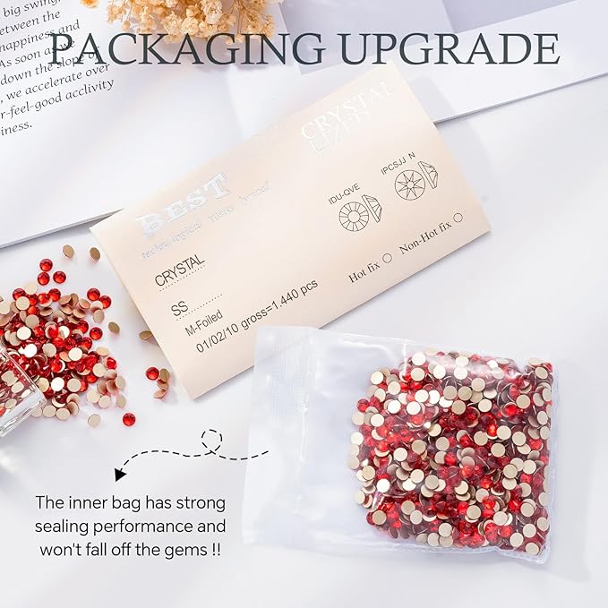 Meibite Light Siam Flatback Rhinestones, Glass Rhinestones for Nail Art and Craft, Glue Fix, Loose Crystal Gemstones(Red, SS16, 1440pcs, 3.8-4.0mm)