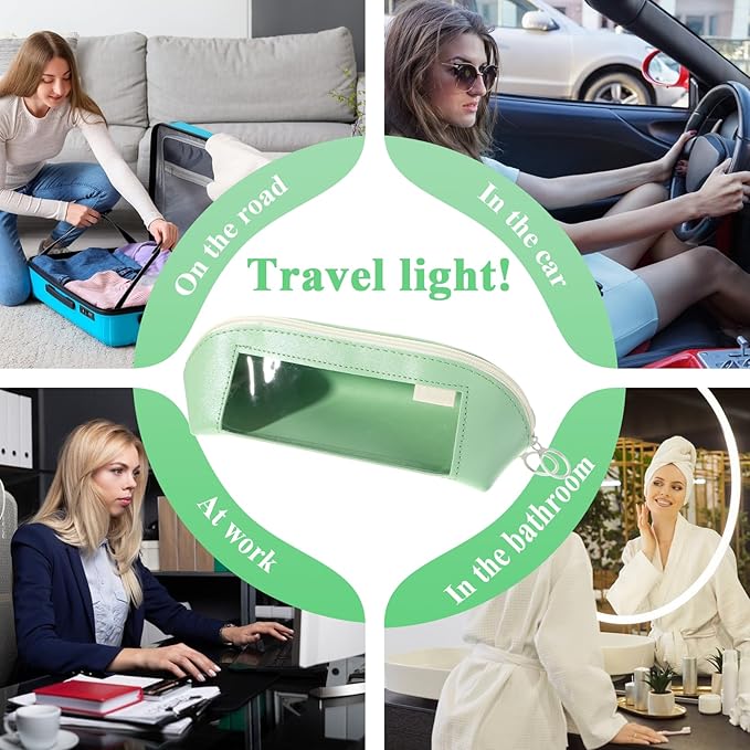 Clear Makeup Brush Bag Portable Makeup Brush Bag PU Leather Small Make up Brushes Pouch Case Transparent Waterproof Travel Cosmetic Organizer Pouch with Zipper for Women Home Office Storage (Green)