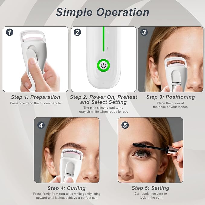 Lilonthy Heated Eyelash Curler, Type-C Rechargeable with 3 Temp Settings & Safe Silicone Pad for Natural Curls, Travel-Friendly (White)