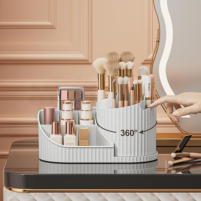 SOVGIZF Makeup Organizer for Vanity, Rotating Cosmetic Storage Organizer with Brush Holder, Skincare Display Case, small Countertop Makeup Holder for Bathroom or Dresser,White