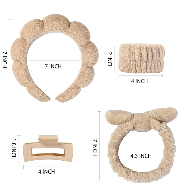 Yaqulen 7 Pcs Spa Set, Facial Headband and Wristband Set, Skincare Accessories, College Style Girl Idea Gifts, Hair Accessories for Women and Girls（Brown）