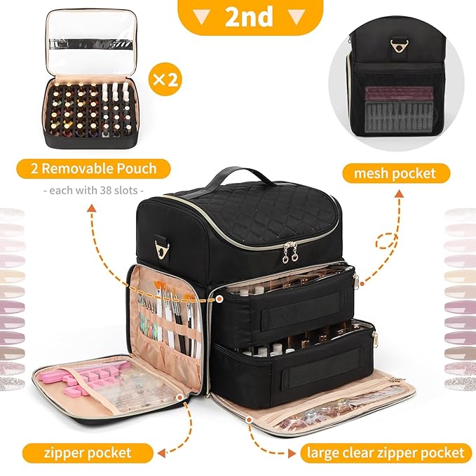 Extra Large Nail Polish Organizer Case Holds 86 to 100+ Bottles Organizer & Nail Lamp, Supply Storage Carrying Bag with 2 Removeable Pouches, Portable Nail Tech Travel Box (Black, 86 Slots)