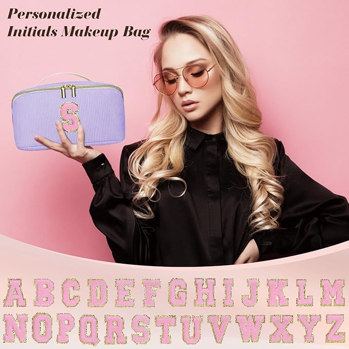 Personalized Initial Makeup Bag, Valentine's Day Gifts for Girls,Preppy Bag Cosmetic Travel Bag Women,Travel Toiletry Organizer,Large Capacity Corduroy Stuff Bag,Cute Cosmetic Pouch Skincare Bag