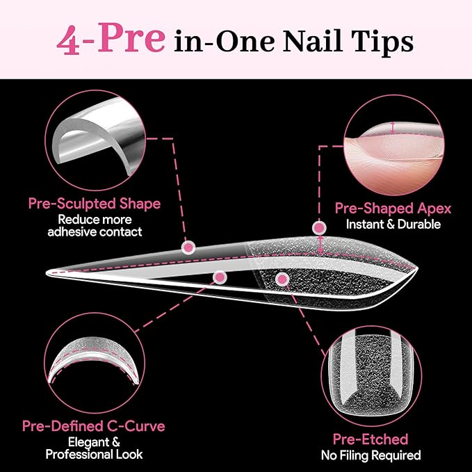 Qiek Long Stiletto Pre-Building Nail Tips, 15 Sizes 240 PCS Pre-shaped Apex Clear Soft Press On Fake Nail Half Matte Gel Nail Extensions Strong Thick Acrylic Tip for DIY Beginners & Salon Manicure