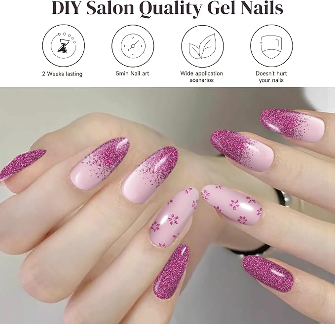 DUKASOU Semi Cured Gel Nail Strips, 56Pcs Nail Art Stickers/Wraps, Long Lasting UV Nail Polish Strips for Adults(Flower Rose Red Glitter)