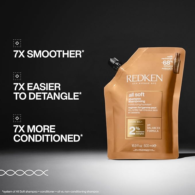 Redken All Soft Shampoo - Moisturizes & Hydrates Dry, Brittle Hair, Gently Cleanses and Softens, With Argan Oil, Safe For Color-Treated Hair, Refillable