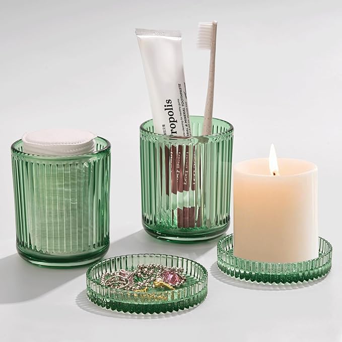 MKOSAB 2 Pack Qtip Holders for Bathroom, Clear Glass Apothecary Jars with Lids,Vintage Bathroom Canisters for Cotton Balls,Swabs,Floss Picks,Hair Ties,Vanity Organizer and Storage Decor (Green)