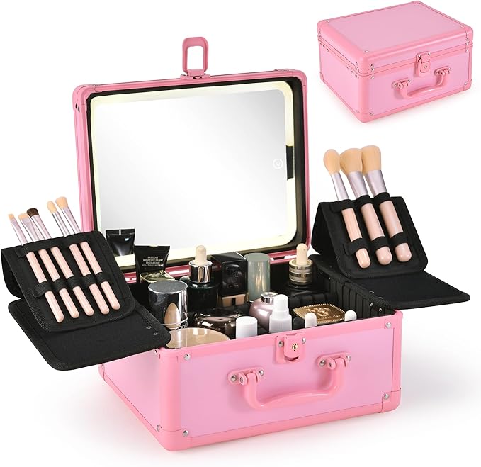 Makeup Case with Lighted Mirror, Makeup Box Organizer with Detachable LED Mirror, Travel Makeup Train Case, Waterproof Cosmetic Organizer, Standing Brush Holder, Gift, Pink