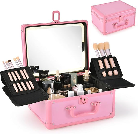 Makeup Case with Lighted Mirror, Makeup Box Organizer with Detachable LED Mirror, Travel Makeup Train Case, Waterproof Cosmetic Organizer, Standing Brush Holder, Gift, Pink