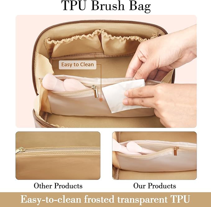 Birthday Gifts for Women Teen Girl, Personalized Initial Makeup Organizer Bag Set, Open Flat Travel Cosmetic Bag With Clear Divider and Handle(Brown,I)