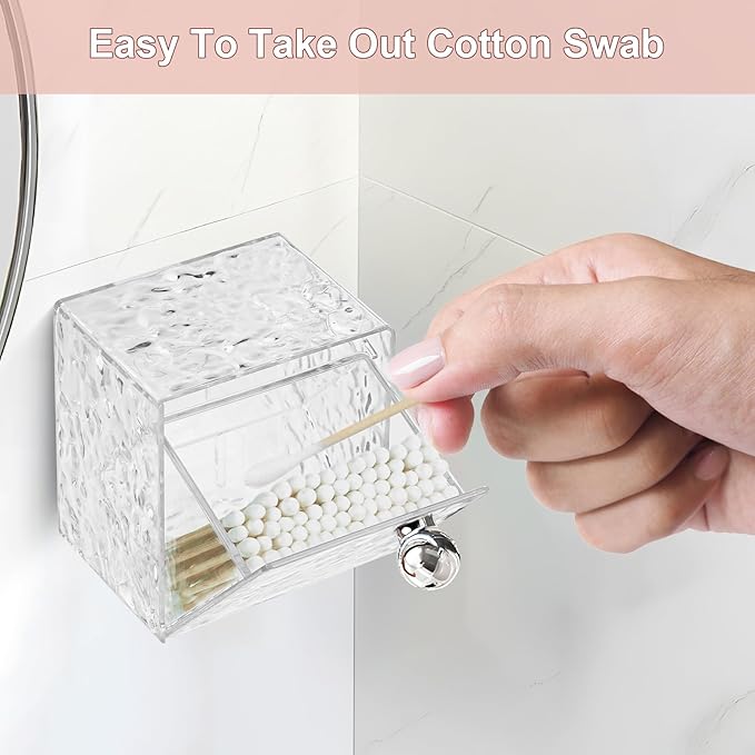 IWNTWY Qtip Holder Dispenser, Wall Mounted Plastic Cotton Pad Holder, Cotton Ball, Swabs, Floss, Makeup Organizers Containers for Vanity Bathroom (Clear, 2 Pcs)