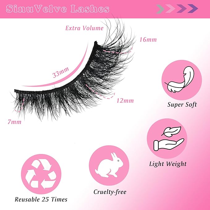 SinuVelve Full Wispy Lashes 5D Extra Volume Cat Eye Fake Mink Lashes 14mm D Curve Lash Strips Eye Lash Reusable 25 Times Easy For Beginner Eyelashes With Soft Thin Band By Hiklasy