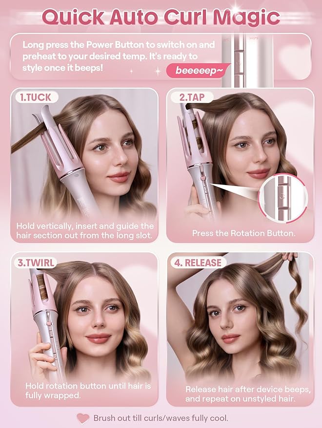 SHEGLAM Pink Curling Iron Automatic Gift for Woman (Pink, 0.75 inch) Cupid's Charm One-Touch Instant Curler