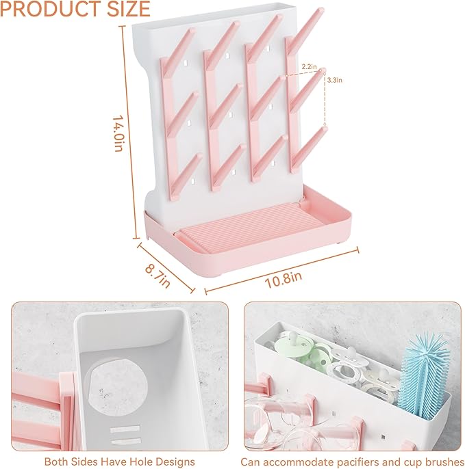 SuoXing Baby Bottle Drying Rack Space Saving,BPA Free Countertop Vertical Bottle Rack Dryer & Holder for Baby,Large Baby Bottle Station Organizer and Stand for Brushes,Pacifiers,Breast Pump,Dish,Pink