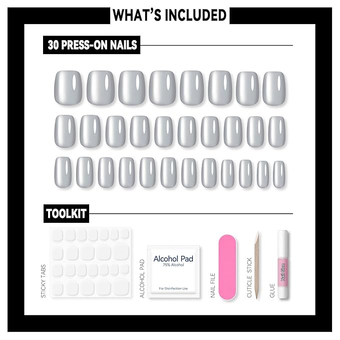 Okiyomi Silver Press on Nails - Metallic Cat Eye Press on Nails | Magnetic Moonlit Shimmer - Short Ballerina Squoval Shape - 15 Sizes - 30 Soft Gel Fake Nails with Glue and Stick On Tabs