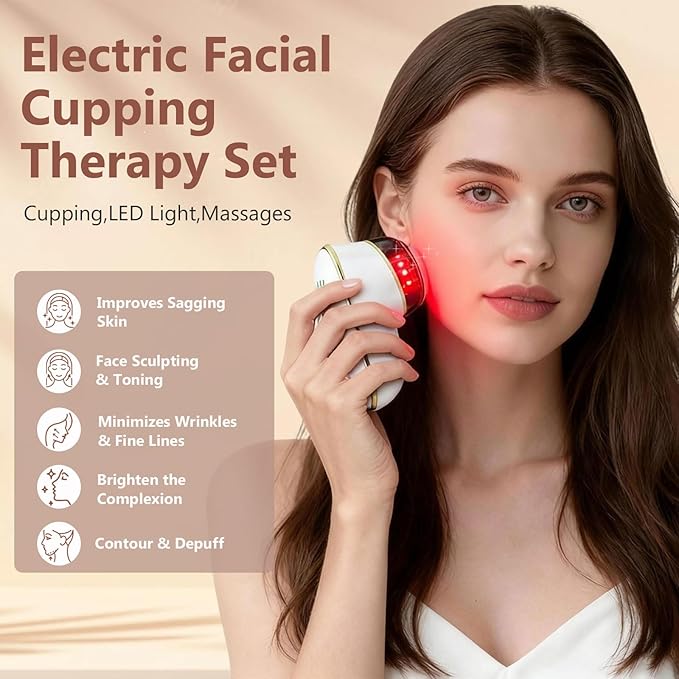 Electric Facial Cupping Therapy Sets, 3 in 1 Gua Sha Face Cupping Massage, Lymphatic Drainage Massager for Face, 7 Color Firming, Smoothing Facial Tools (White)