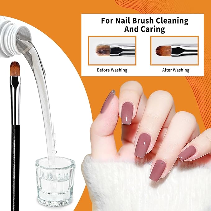 BEVINAS Nail Brush Cleaner & Restorer Nail Brush Clean Solution Quickly Clean Nail Brushes Gel Nail Brush Cleaner Kit with Glass Cup Nail Cleaning pads for DIY Salon at Home 4 Fl.Oz
