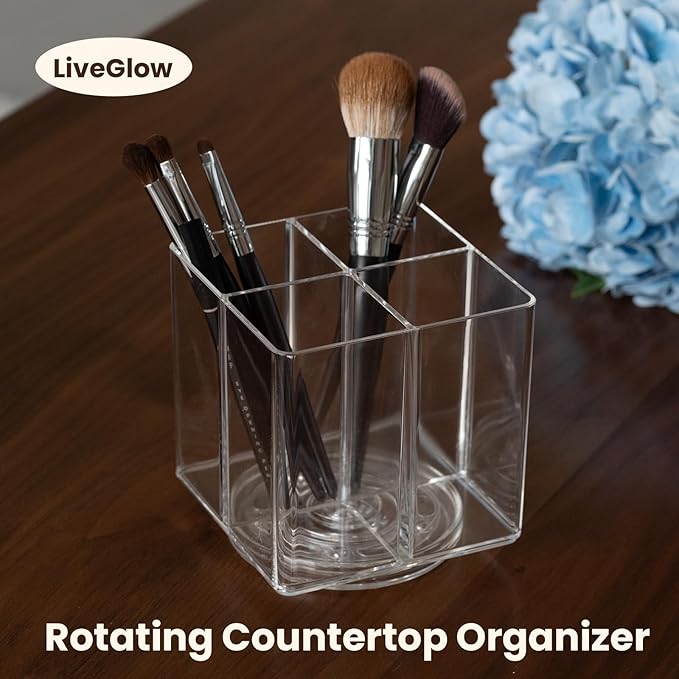 LiveGlow Clear Makeup Brush Holder,Acrylic Rotating 360°Makeup Brush Organizer,Pen holder with 4 Grids,Makeup Holder for Courtup,Containers for Desk,1pc
