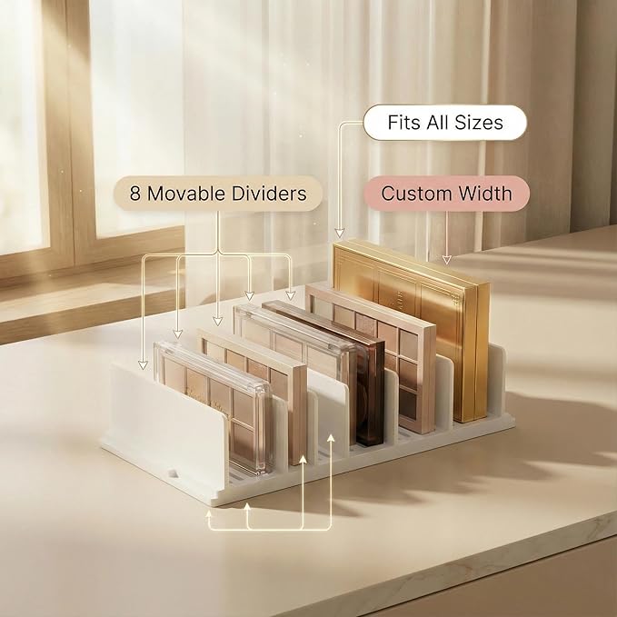 Oufiin Adjustable Makeup Organizer with Movable Dividers, Acrylic Cosmetic Storage Display Case for Eyeshadow Palettes, Lipsticks, Desktop or Drawer Organization (White)