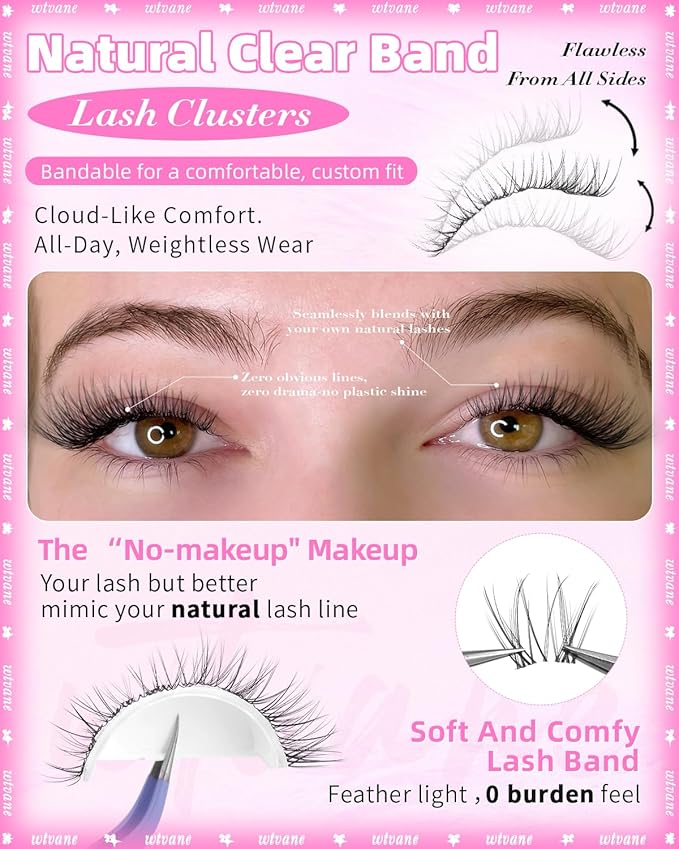 Wtvane Wispy Lash Clusters Natural Cluster Eyelash Extensions 8-10mm Short Lash Extensions Invisible Band Clusters Lashes C-Curly Individual Lashes Natural Look Lash Extensions Soft Band Daily Wear