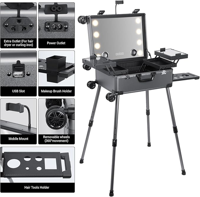 Rolling Makeup Train Case with Lighted Mirror and Bluetooth Speaker Professional Cosmetic Organizer Case with Wheels, Stands Portable Makup Station Vanity for Travel (Gray, Medium)