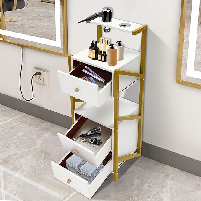 Beauty Salon Station Barber Station with 3 Drawer & 2 Hair Dryer Holder, White Salon Storage Cabinet Makeup Organizer for Spas, Barber Stores, Salons, Locker Rooms, Bathrooms