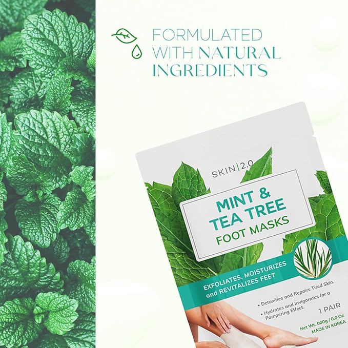 Skin 2.0 Tea Tree & Mint Foot Masks - Fights Athlete's Foot, Detoxifies & Exfoliates, Cooling & Relaxing - Dermatologist Tested Korean Skincare - Clean Beauty, Cruelty-Free, All Skin Types - 3 Pairs