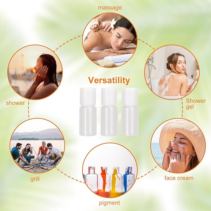 KUKLIPJIM 200 Pack 0.35 oz Plastic Bottles with Top Caps, Clear Empty 10 ml Flip Top Cosmetic Bottles for Lotion and Shampoo, Travel-Friendly, BPA-Free