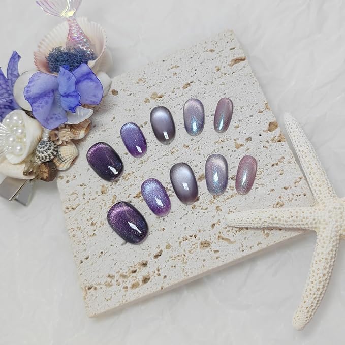 Cat Eye Press on Nails Handmade Short Oval/Square/Round False Nails with French Tip/Aurora/Magnetic Shimmer Designs (Group#Mermaid S)