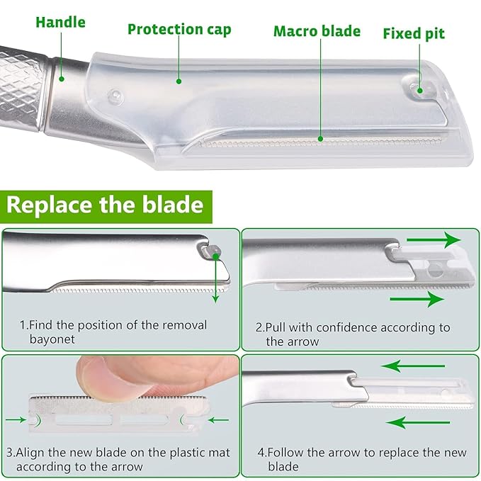 ANDIMEI Professional Dermaplaning Tool Set with 20 Replaceable Stainless Steel Blades, Face Exfoliation Razor for Peach Fuzz Removal, Eyebrow Shaping, All Skin Types (Silver-A)