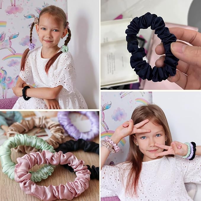 LILYSILK Pure Silk Scrunchies for Women Colorful Hair Bow Ties- Girls- Unique Bobble Elastics Hair Scrunchy- Soft Cute (10pc-Mini)