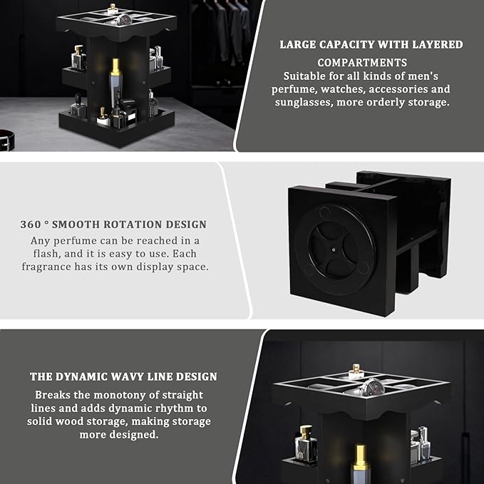 Rotating Cologne Organizer for Men - 3 Tier Cologne Stand - Wooden Large Capacity Perfume Stand Organizer for Mens Husband Perfume Holder for Bathroom Counter Cosmetics Display