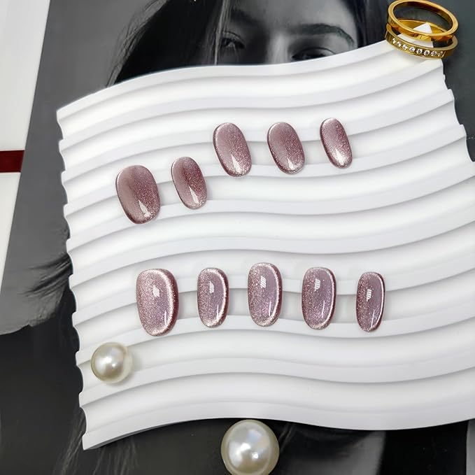 Cat Eye Press on Nails Handmade Short Oval/Square/Round False Nails with French Tip/Aurora/Magnetic Shimmer Designs (Side#Sunshine Lily S)