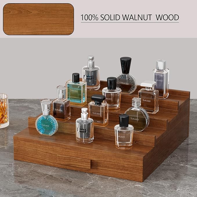 Cologne Organizer for Men,4 Tier Walnut Wood Cologne Stand,Cologne Shelf Display Holder with Hidden Storage and Drawer,Perfume Stand Organizer Great Gift for Men,Walnut