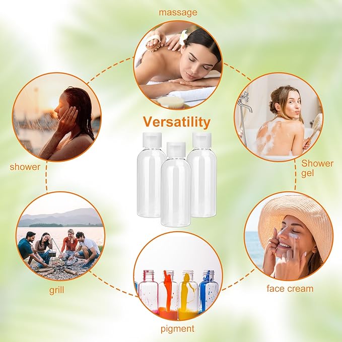 KUKLIPJIM 100 Pack 2 oz Plastic Bottles with Caps, Clear Empty Bottles, flip top Bottles for Lotion and Shampoo, Travel-Friendly Bottles, BPA-Free for Liquids and Personal Care